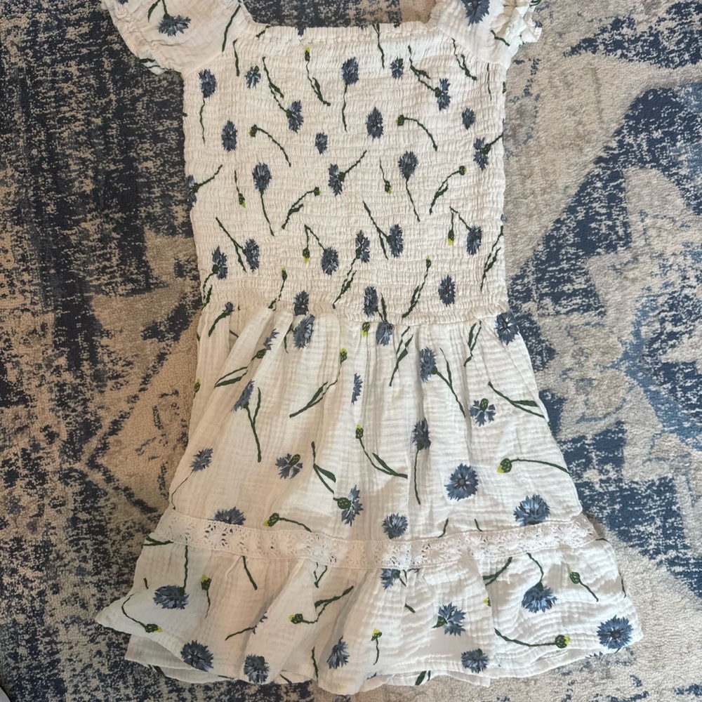 Floral White and Blue Kids Dress